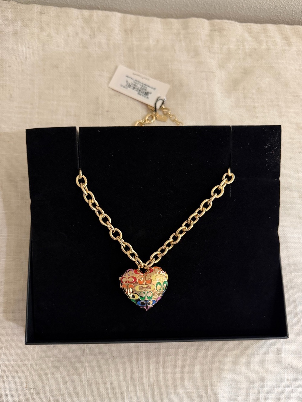 Coach Gold-Tone Chain Necklace with Rainbow Heart Pendant Locket NWT